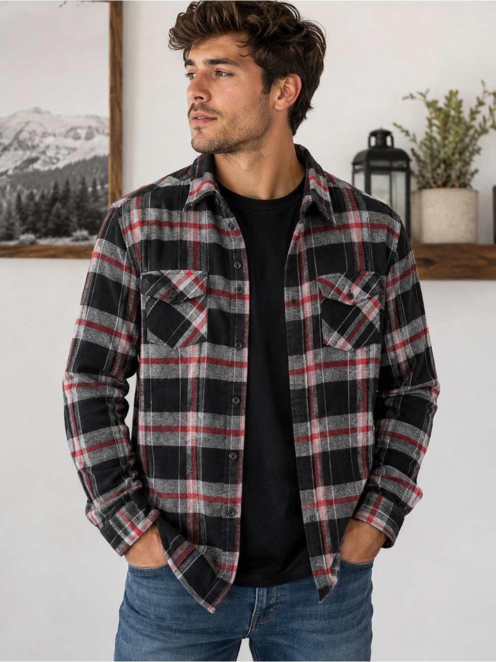 Elxr Cotton Lumberjack Outdoors Men's Black, Gray & Red Plaid Button-Up Shacket